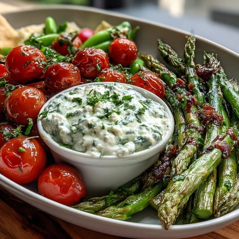 Spring vegetable board with radishes, peas, and herb dip, arranged on a rustic wooden platter with vibrant green and red hues.