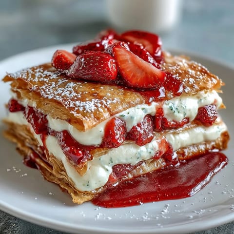 A beautiful strawberry crepe cake with delicate layers of vanilla cream and fresh strawberries, perfect for a festive brunch.