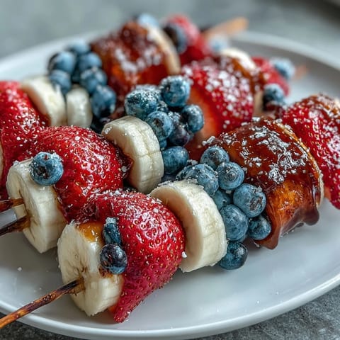 Festive Fourth of July fruit skewers with strawberries, bananas, and blueberries in red, white, and blue pattern.