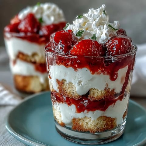 Layered strawberry shortcake trifle with fresh whipped cream and juicy berries, perfect for Mothers Day dessert celebrations.  