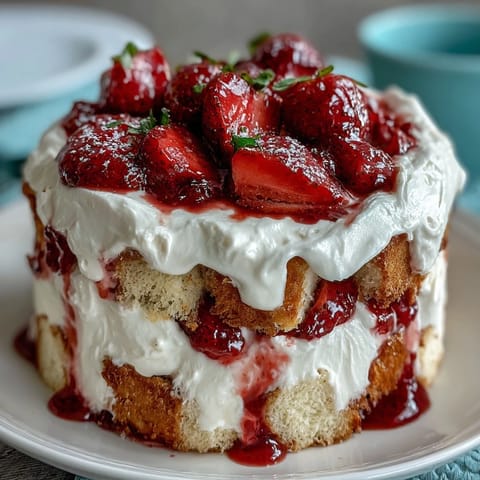 Elegant trifle bowl filled with alternating layers of buttery shortcake, sweet strawberries, and light whipped cream for a festive Mothers Day treat.  