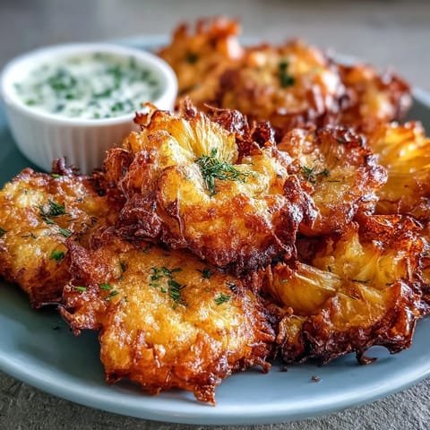 Crispy dandelion fritters with herb dipping sauce, golden and crunchy, served on a rustic plate with fresh herbs.  