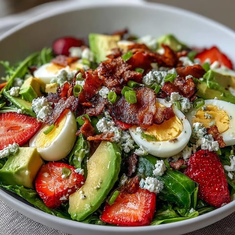 Spring Cobb Salad with Strawberries and Avocado: a colorful mix of juicy berries, creamy avocado, and crisp greens, topped with feta and tangy balsamic dressing.
