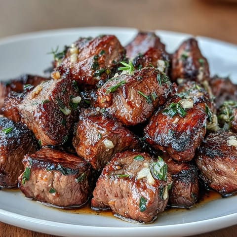 One-pan garlic herb steak bites sizzle in a skillet, seared to juicy perfection with fragrant garlic and fresh herbs.
