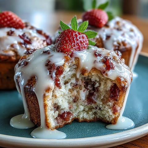 Strawberry Lemon Muffins with Glaze: golden muffins filled with juicy strawberries and lemon zest, topped with a tangy lemon glaze for a bright, fruity treat.