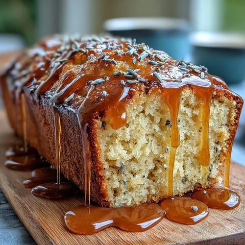 Golden Lemon Lavender Loaf Cake drizzles with sweet honey glaze.