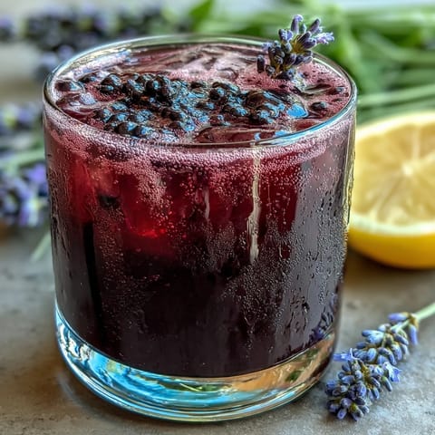 Vibrant blackberry lavender lemonade fizz with fresh berries and lemon garnish.