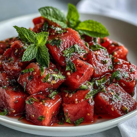 Refreshing watermelon chili lime salad with mint, bursting with summer tang.