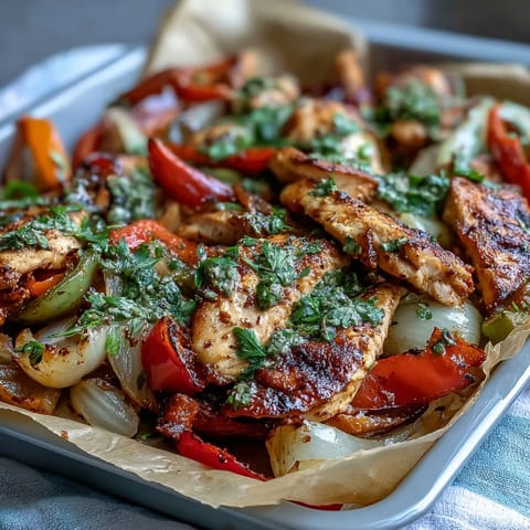 Juicy Sheet Pan Chicken Fajitas, ready to be served with warm tortillas.