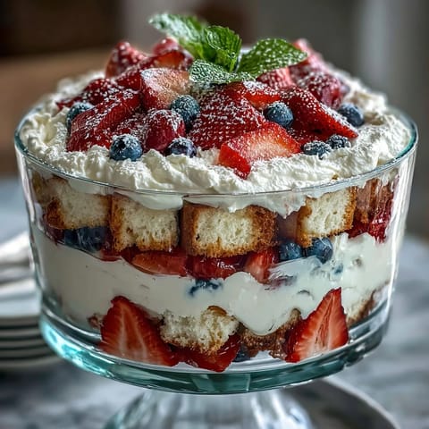 Luscious berry and angel food cake layers shine in this Red White Blue Berry Trifle.