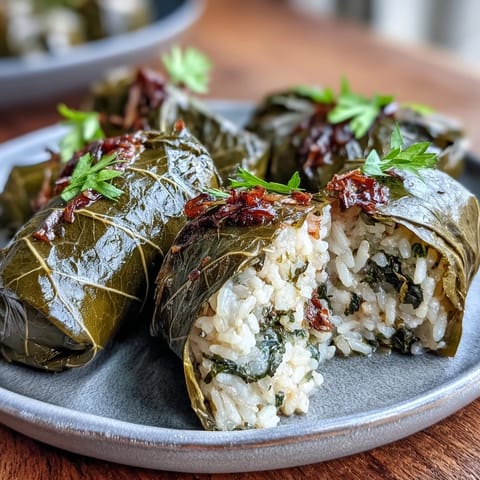 Kurdish Dolma: perfectly rolled grape leaves stuffed with aromatic herbed rice.