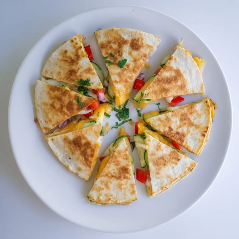 Close-up of a cheesy Quesadilla cut into wedges, revealing layers of melted Monterey Jack and colorful vegetables.