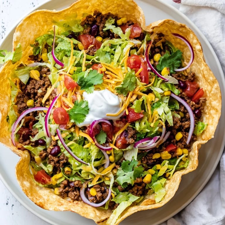 Colorful Taco Salad featuring warm seasoned beef, fresh lettuce, shredded cheddar, and vibrant salsa, served in a crisp homemade tortilla bowl.