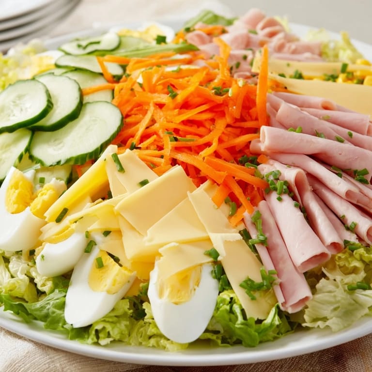 Chef Salad served on a platter with chopped romaine and iceberg, egg wedges, and a side of homemade red wine vinaigrette.