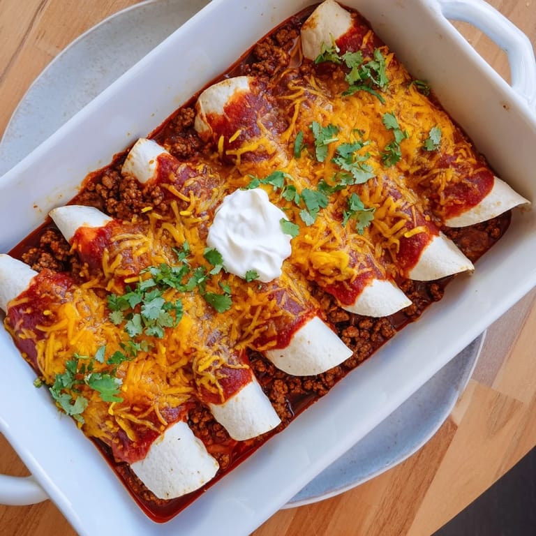 Close-up view of classic Beef Enchiladas filled with seasoned ground beef, topped with bubbly cheddar cheese and cilantro.