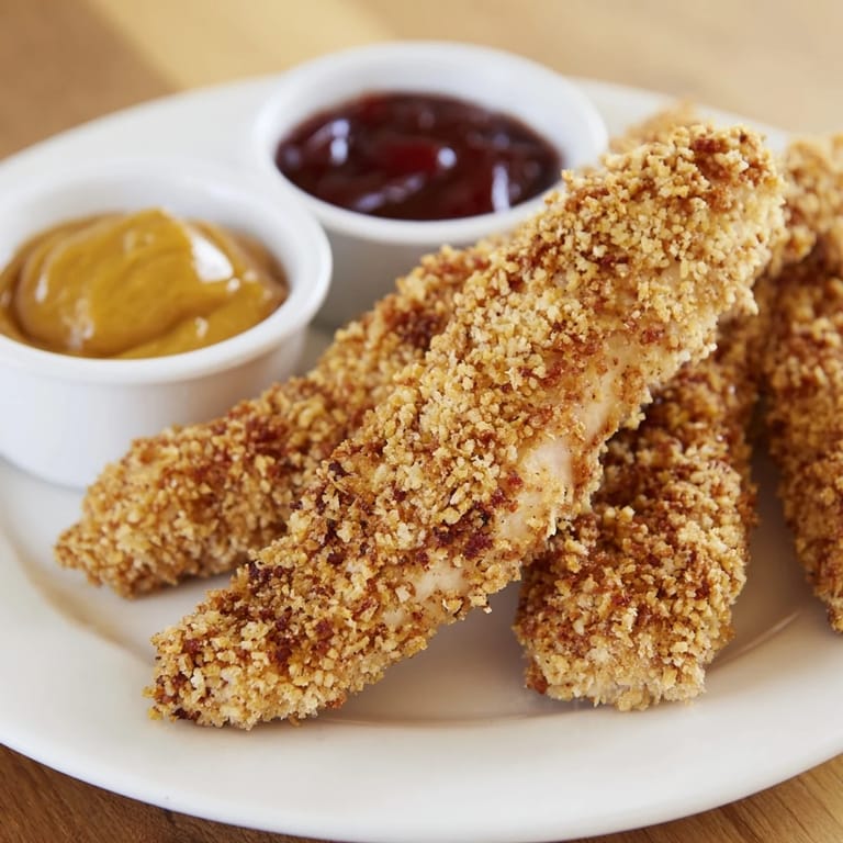 Freshly fried homemade chicken tenders glisten with a light crust, stacked beside a vibrant green salad and seasoned French fries on a rustic plate.  