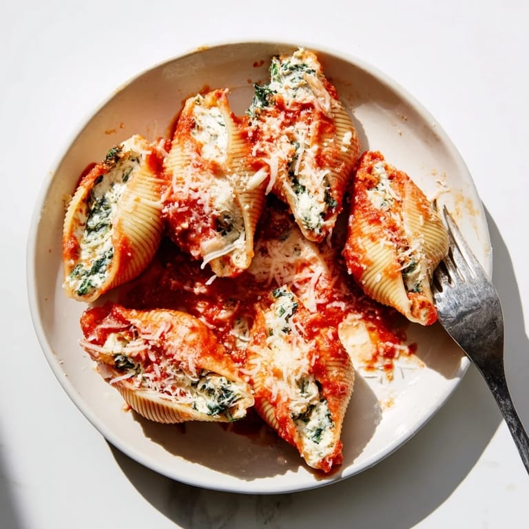 Freshly baked Stuffed Shells with golden cheese topping, steaming gently on a white ceramic dish for a family meal.