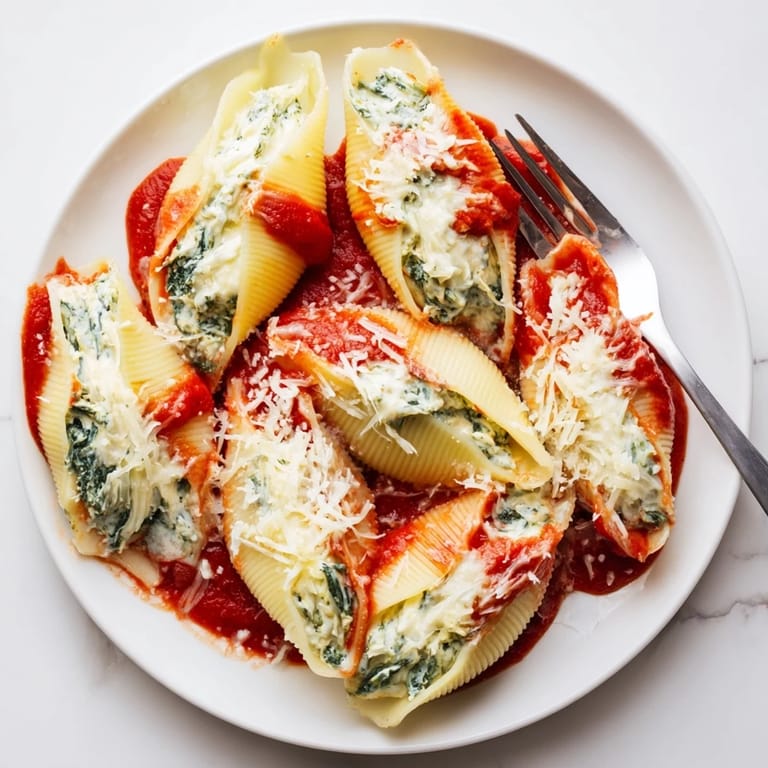 Close-up of Stuffed Shells filled with creamy ricotta and spinach, served on a rustic plate with a side salad.