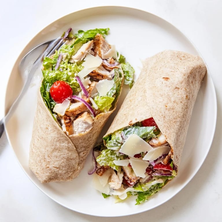 A close-up of a Chicken Caesar Wrap showcasing tender chicken, crunchy lettuce, and rich Caesar dressing in every bite.