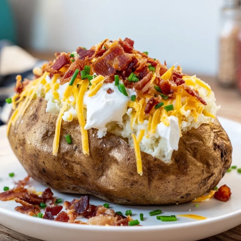 Golden baked russet potato filled with fluffy buttered interior, dollop of sour cream, and savory bacon bits. 