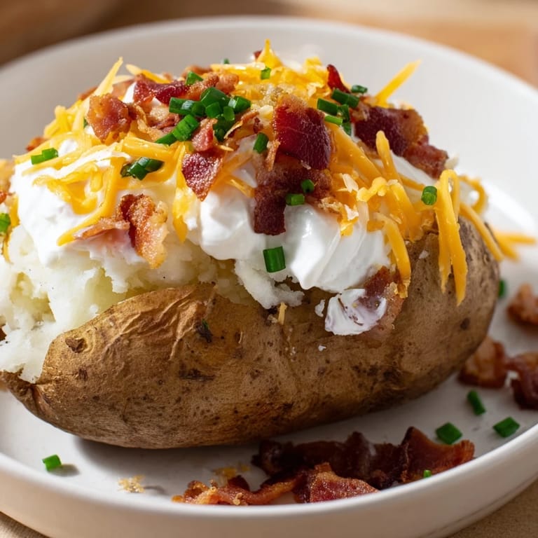Serving suggestion of a loaded baked potato paired with a fresh green salad on a rustic wooden table.