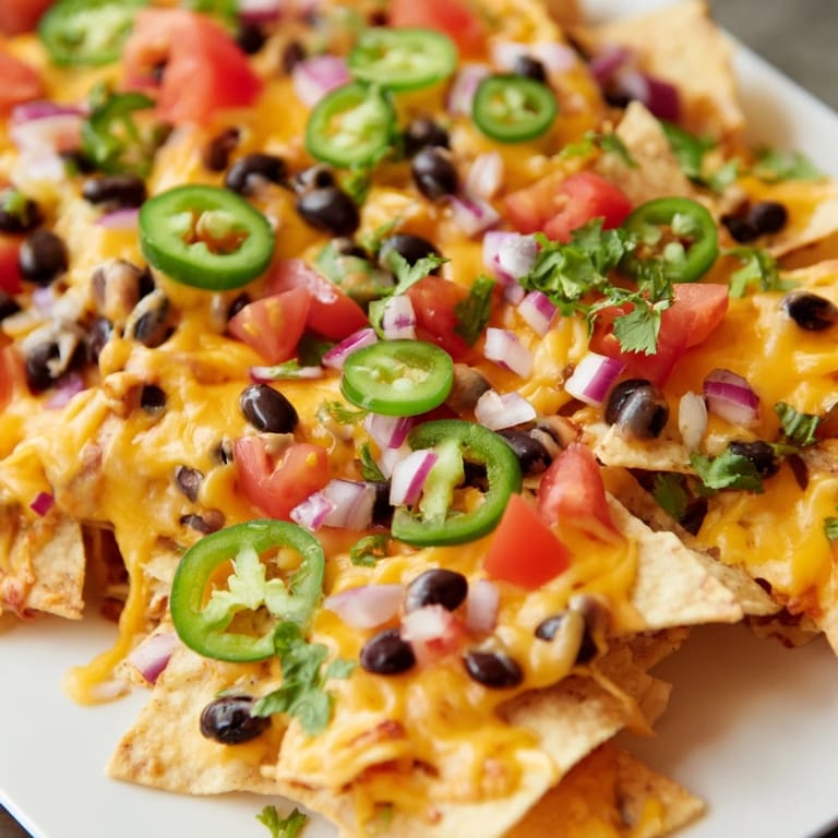 Fully loaded vegetarian nachos topped with diced avocado, tomatoes, onions, and cilantro, ready to serve with salsa and sour cream.
