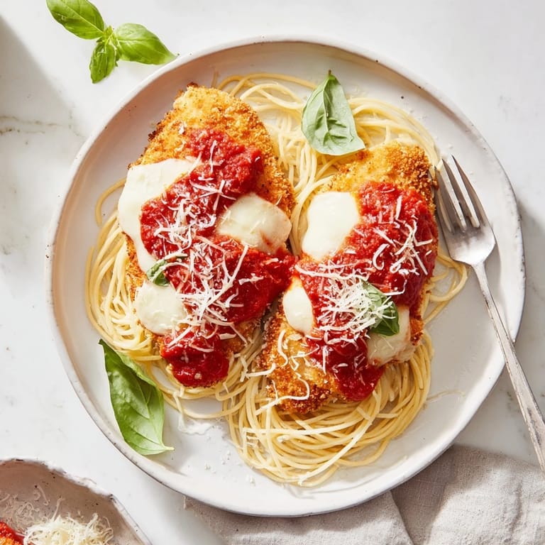 A close-up of Chicken Parmesan baking in the dish, with bubbly cheese and a bed of pasta waiting underneath.  