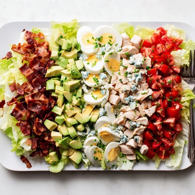 Healthy Cobb salad recipe with grilled chicken and fresh vegetables, perfect for a quick low-carb main dish.