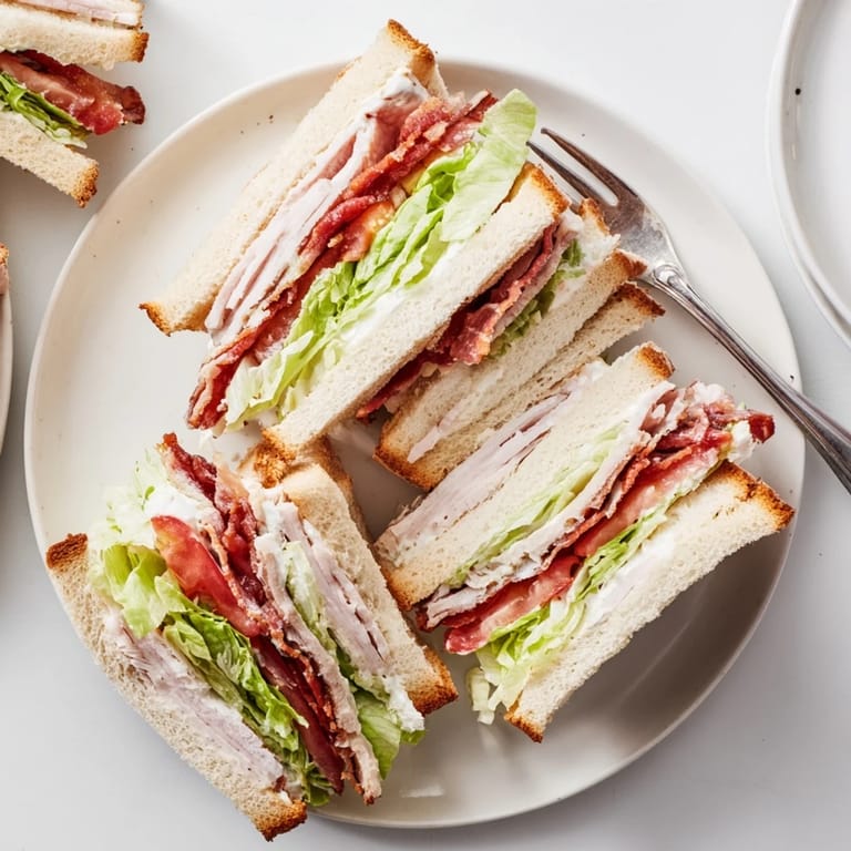 A golden-brown turkey club sandwich with creamy mayonnaise, crispy bacon, and juicy tomato, perfect for a quick and satisfying American lunch.