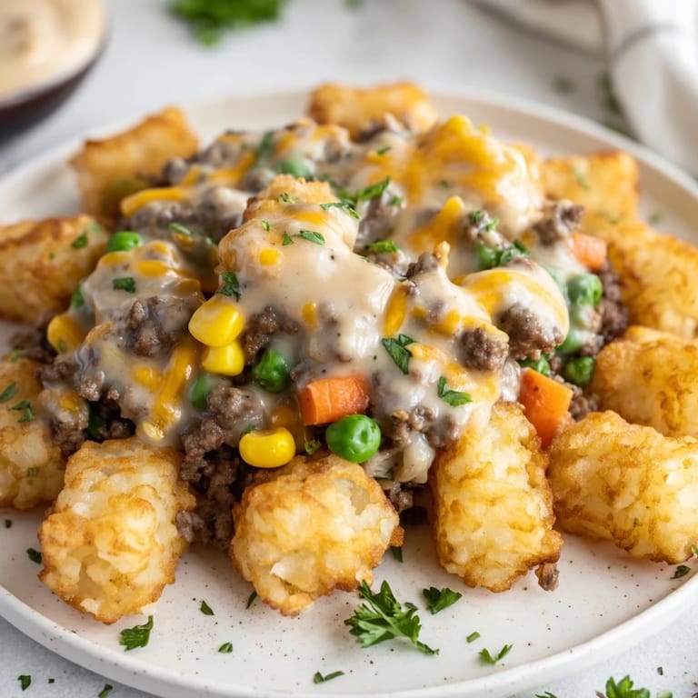 This comforting Tater Tot Casserole emerges from the oven bubbling with savory beef filling and topped with perfectly browned potato nuggets.