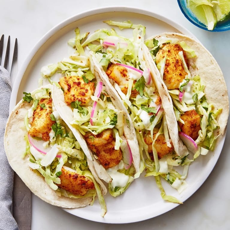 Assembled fish tacos with soft flour tortillas, crunchy shredded cabbage, and a dollop of creamy sauce, garnished with cilantro and lime for a fresh finish.