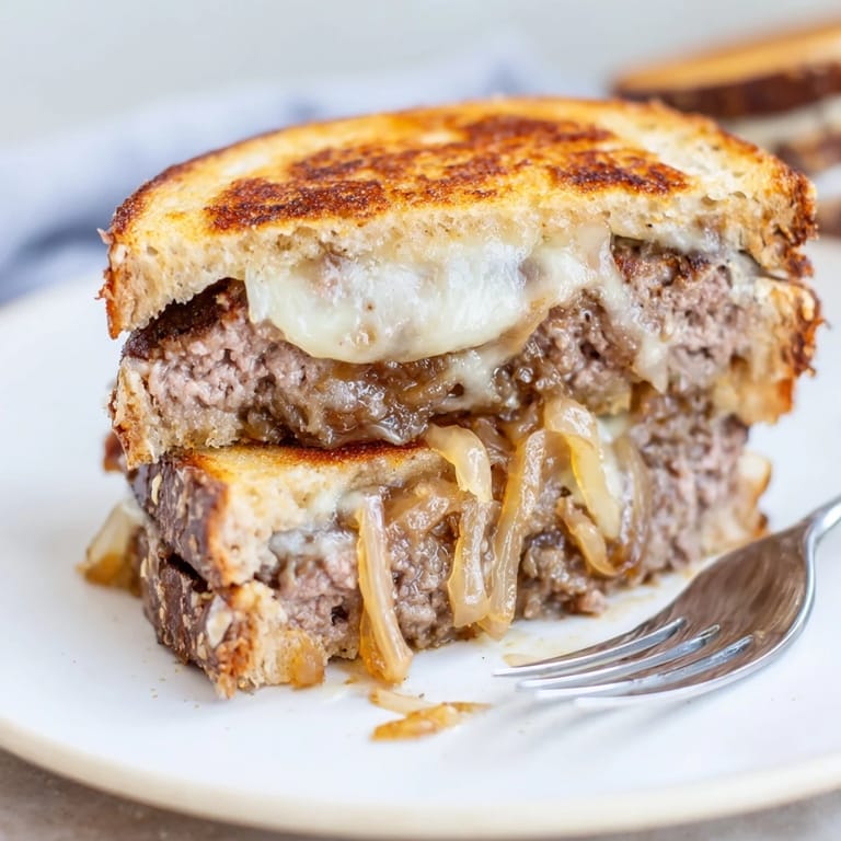 Grilled diner-style patty melt with a juicy beef patty, melted Swiss cheese, and sweet caramelized onions on toasted sourdough.  
