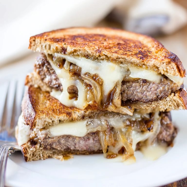 Classic American patty melt sandwich, featuring buttery rye bread, a seared beef patty, and gooey melted cheese.