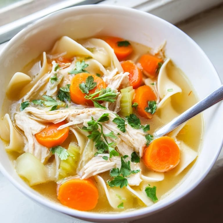Cozy pot of classic Chicken Noodle Soup simmers with fresh vegetables and herbs, ready for a comforting lunch.