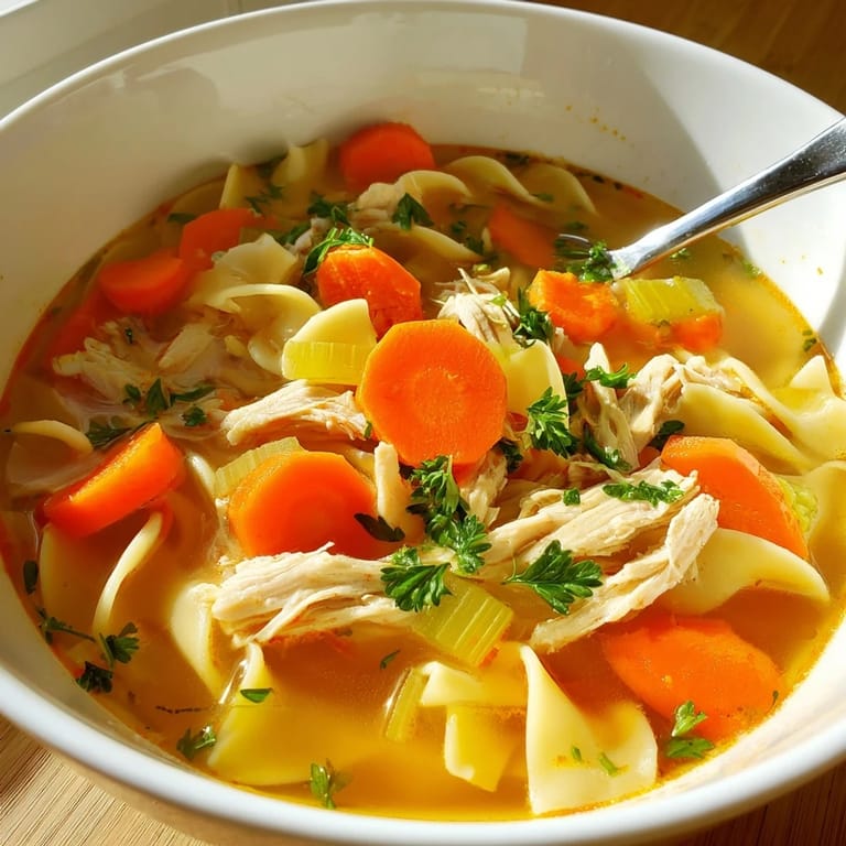 A warm serving of Chicken Noodle Soup features shredded chicken and golden carrots in a clear, savory broth.