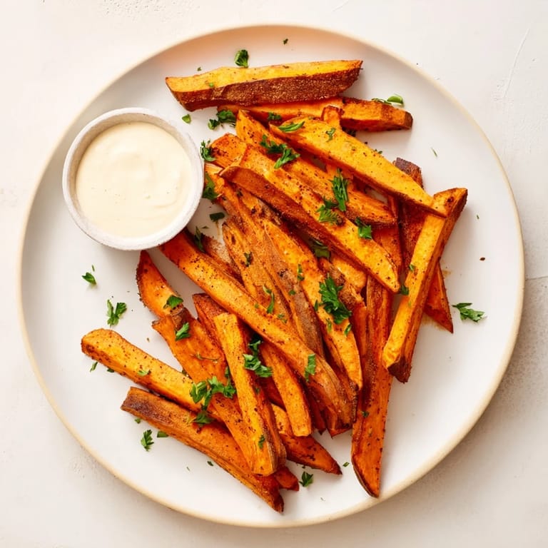 Rustic homemade sweet potato fries, oven-baked to tender perfection with a hint of smoky paprika seasoning.