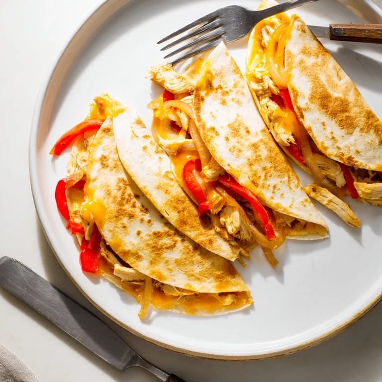 A close-up of a sliced Chicken Quesadilla revealing savory fillings, perfect for dipping in salsa or guacamole.