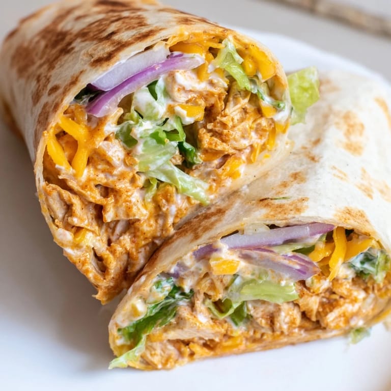 Juicy shredded chicken tossed in tangy buffalo sauce and ranch, layered in a soft wrap for an easy weeknight meal.