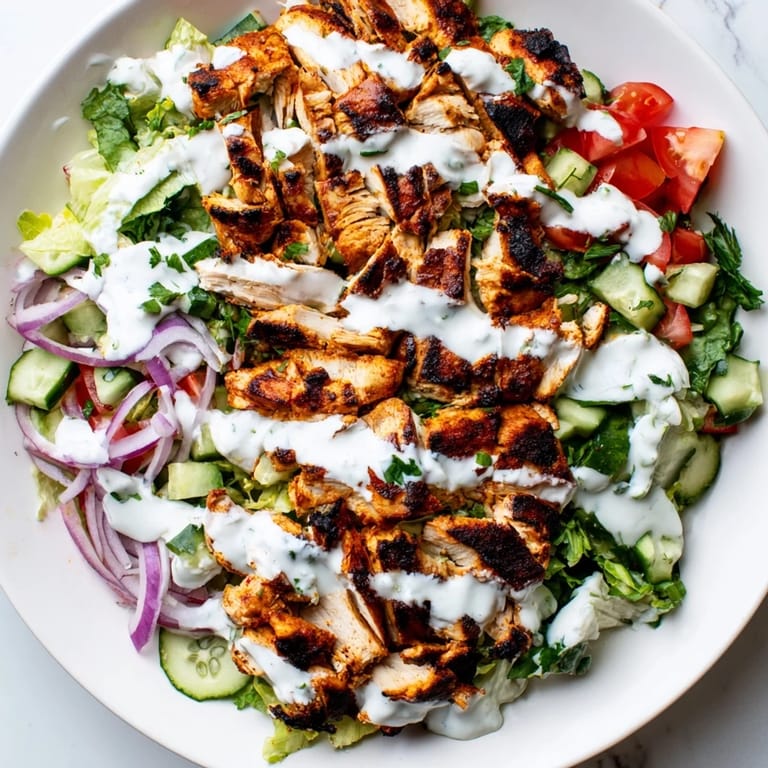 A colorful bowl of Chicken Shawarma Salad with fresh parsley and tangy yogurt sauce, perfect for a healthy lunch.  