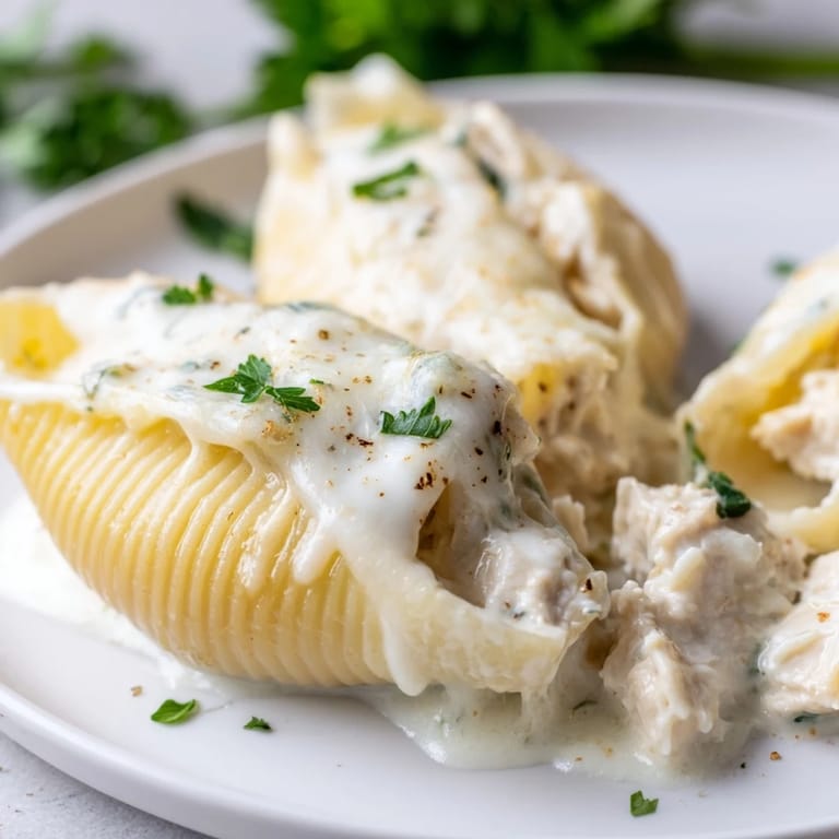 A close-up of Chicken Alfredo Stuffed Shells served in a white dish, garnished with parsley.