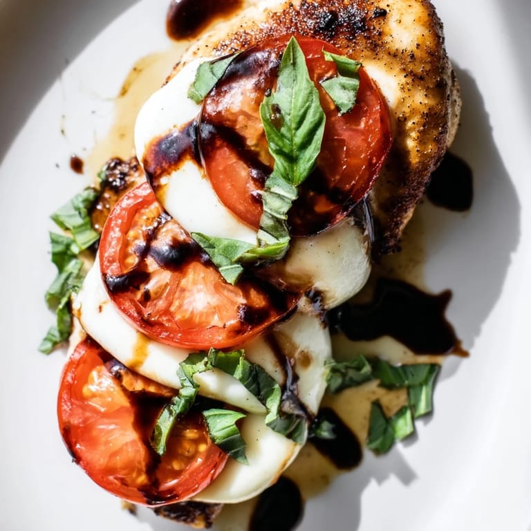 Sizzling Caprese Chicken Skillet topped with juicy tomatoes, creamy mozzarella, and fresh basil, served with a side salad and crusty bread.  