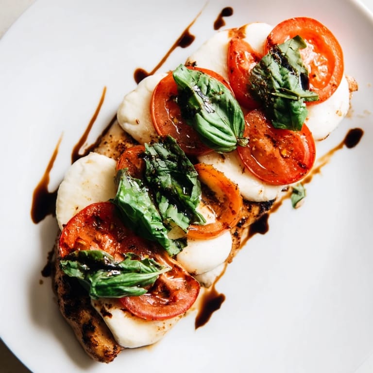 A finished Caprese Chicken Skillet in a cast iron pan, featuring golden-brown chicken breasts layered with tomatoes, mozzarella, and basil.