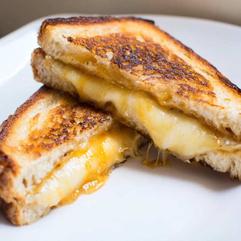 A delicious Three-Cheese Grilled Cheese with a golden-brown exterior, melted cheese pulling apart beautifully beside a steaming cup of tomato soup.