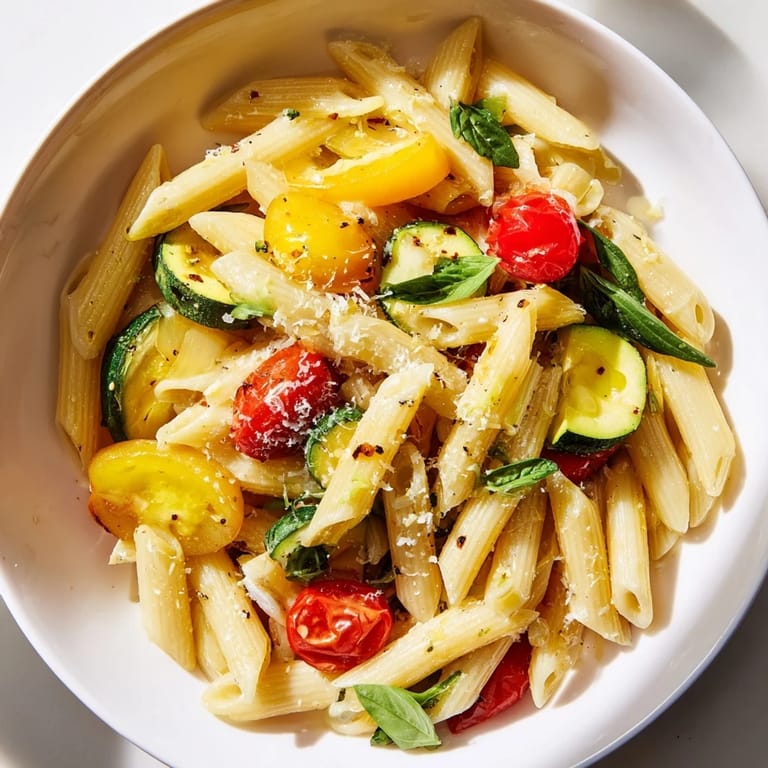 Close-up of Garden Veggie Pasta showing tender penne coated in a light, silky sauce with vibrant summer veggies.