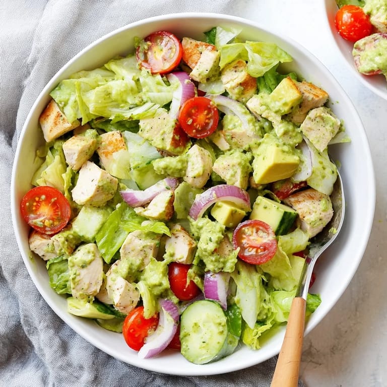 Savory avocado ranch chicken salad features juicy tomato halves, cucumber cubes, and fresh herbs, making an easy, gluten-free dinner ready in just 30 minutes.