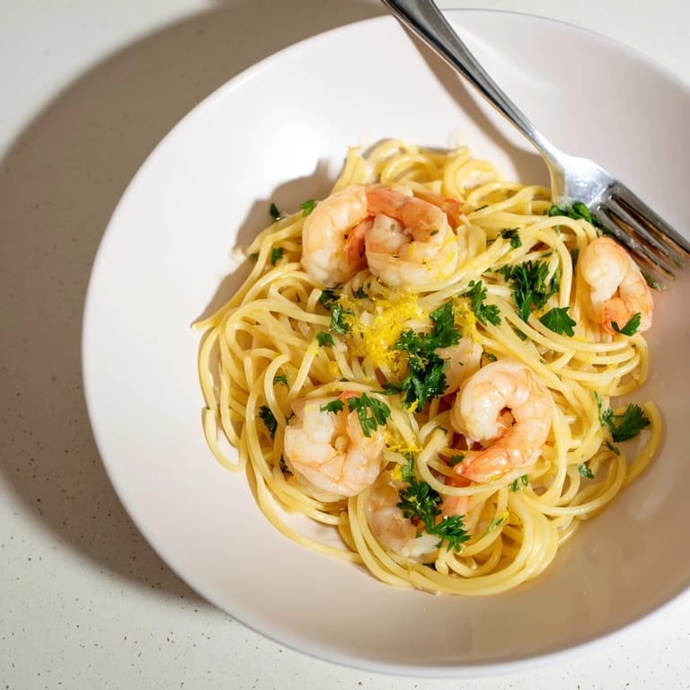 Close-up of Lemon Garlic Shrimp Pasta featuring sautéed shrimp and silky lemon garlic butter sauce.