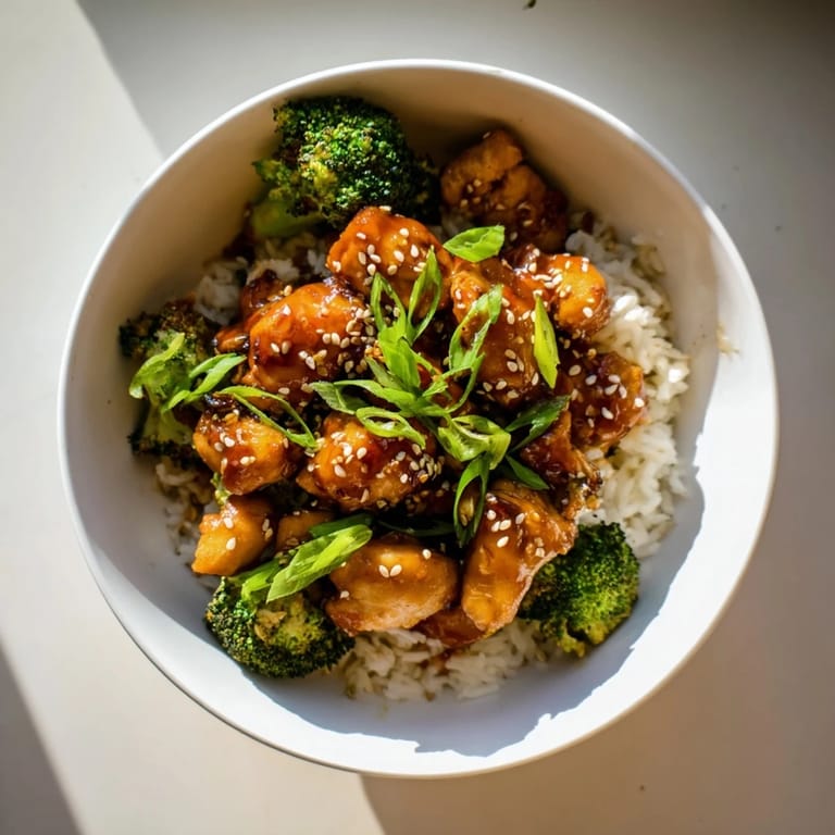 A close-up of tender sweet chili chicken and steamed broccoli over rice in a ceramic bowl.