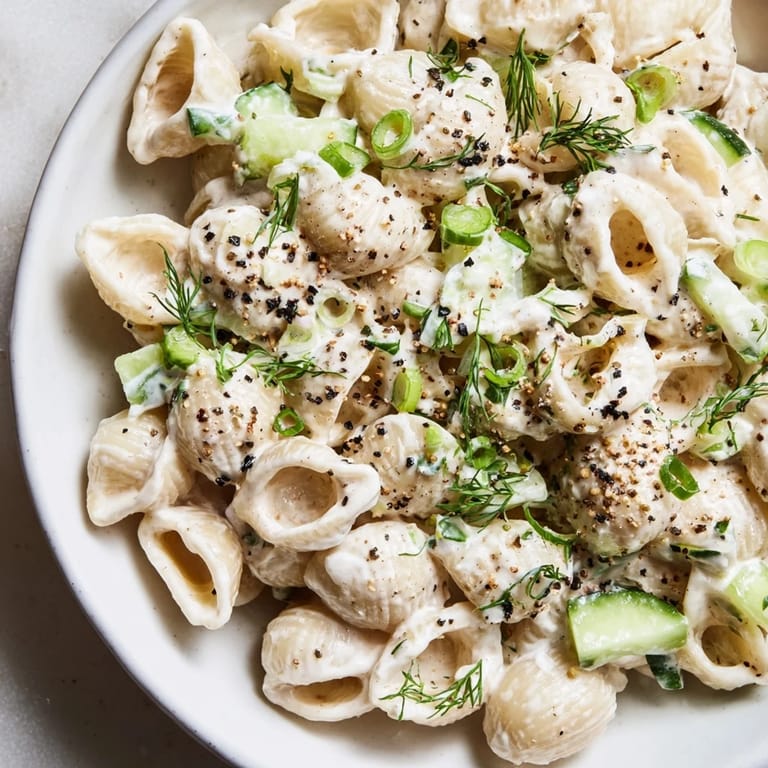 Chilled Cucumber Crunch Pasta Salad tossed with everything bagel seasoning, green onions, and creamy dressing ready for summer picnics.  