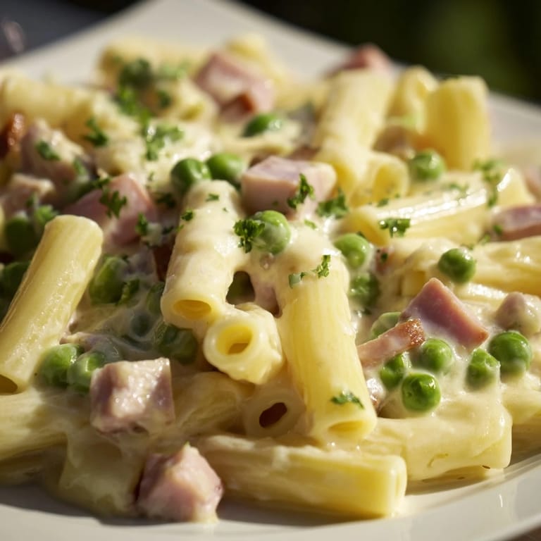 A skillet of Spring Pea & Ham Pasta, featuring bright peas and diced ham tossed in a luscious cream sauce, ready to serve.