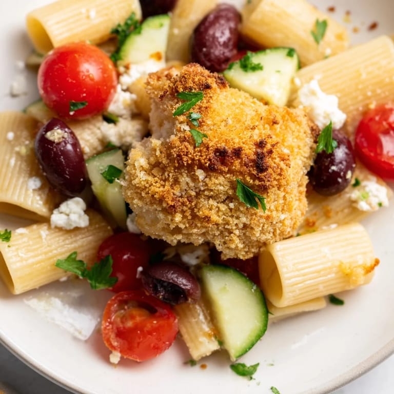 Plated Crispy Chicken Greek Pasta garnished with fresh parsley and extra feta, ready to serve with a wedge of lemon for squeezing.